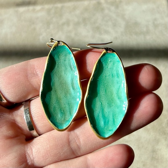 Anthropologie Gold and Blue Green Sea Ocean Dangle Earrings Elegant Resin - Picture 2 of 5